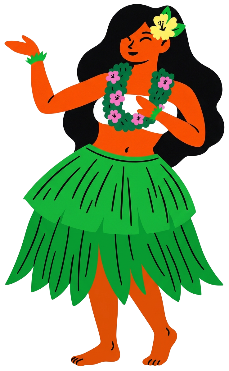 Glad hula-danser med blomster bag øret